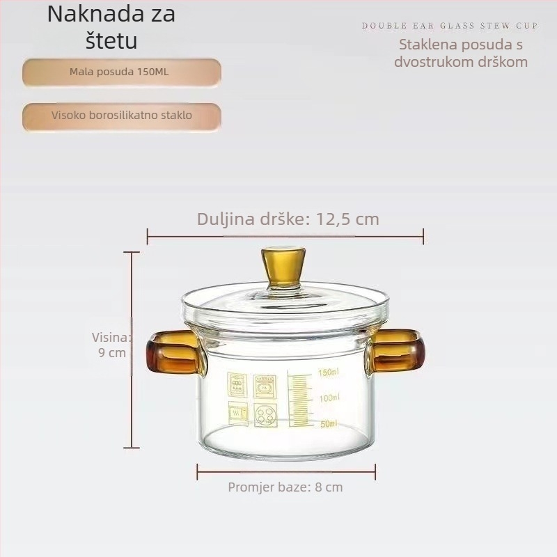 Prozirna staklena mini posuda za juhu s mernom skalom, dvostrukom ručkom i poklopcem — staklena posuda za mlijeko, pogodna za kuhanje na pari jaja i mlijeka
