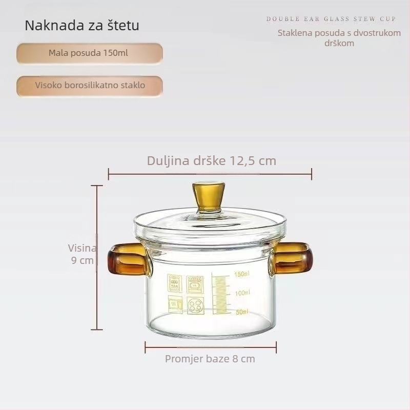 Prozirna staklena mini posuda za juhu s mernom skalom, dvostrukom ručkom i poklopcem — staklena posuda za mlijeko, pogodna za kuhanje na pari jaja i mlijeka