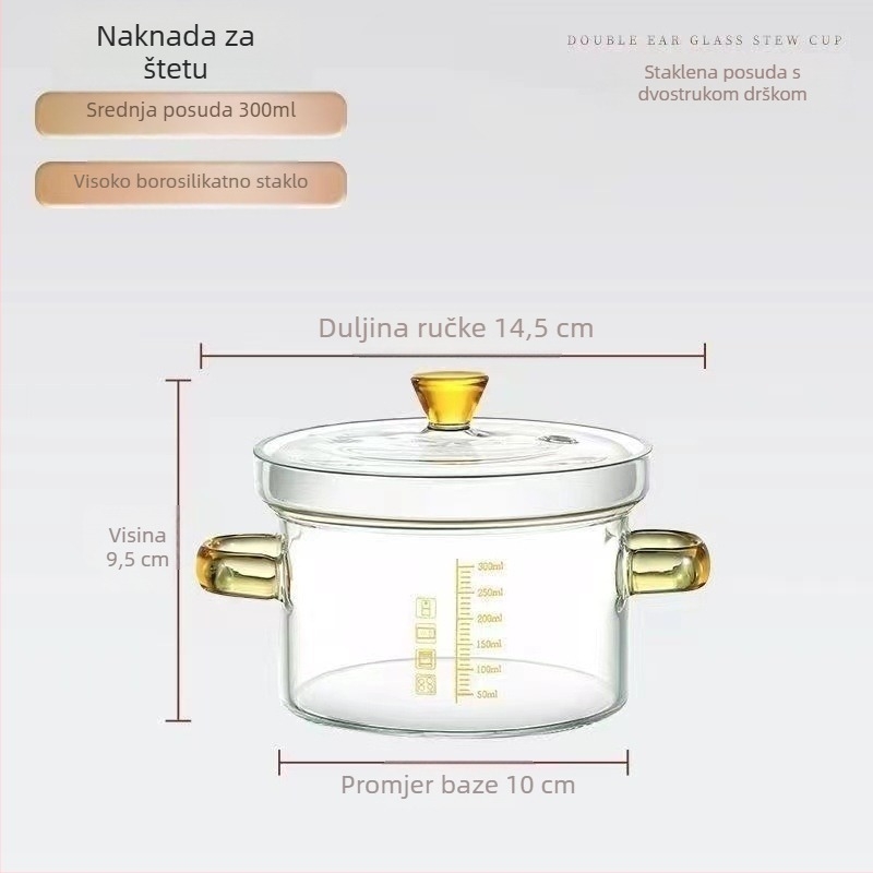 Prozirna staklena mini posuda za juhu s mernom skalom, dvostrukom ručkom i poklopcem — staklena posuda za mlijeko, pogodna za kuhanje na pari jaja i mlijeka