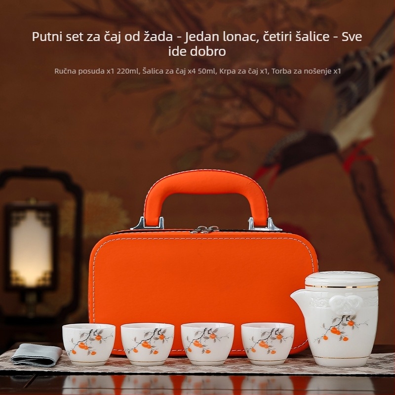 Putni čajni set s jednim čajnikom i četiri šalice, jednostavan dizajn protiv opeklina, prijenosni set s završnom obradom nalik nefritu, poklon set