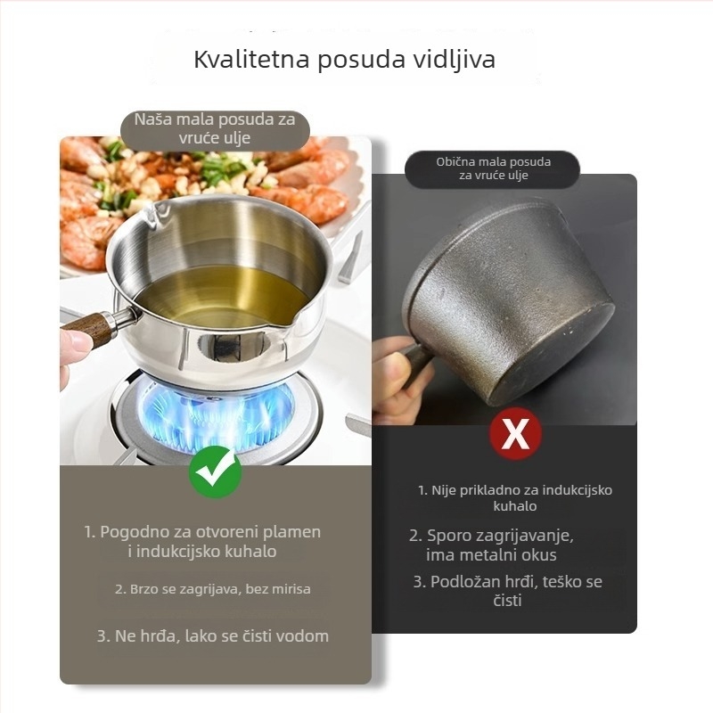Višestruki lonac za vruće ulje od nehrđajućeg čelika 304, mali lonac za mlijeko s izljevom ulja i žličicom za začine
