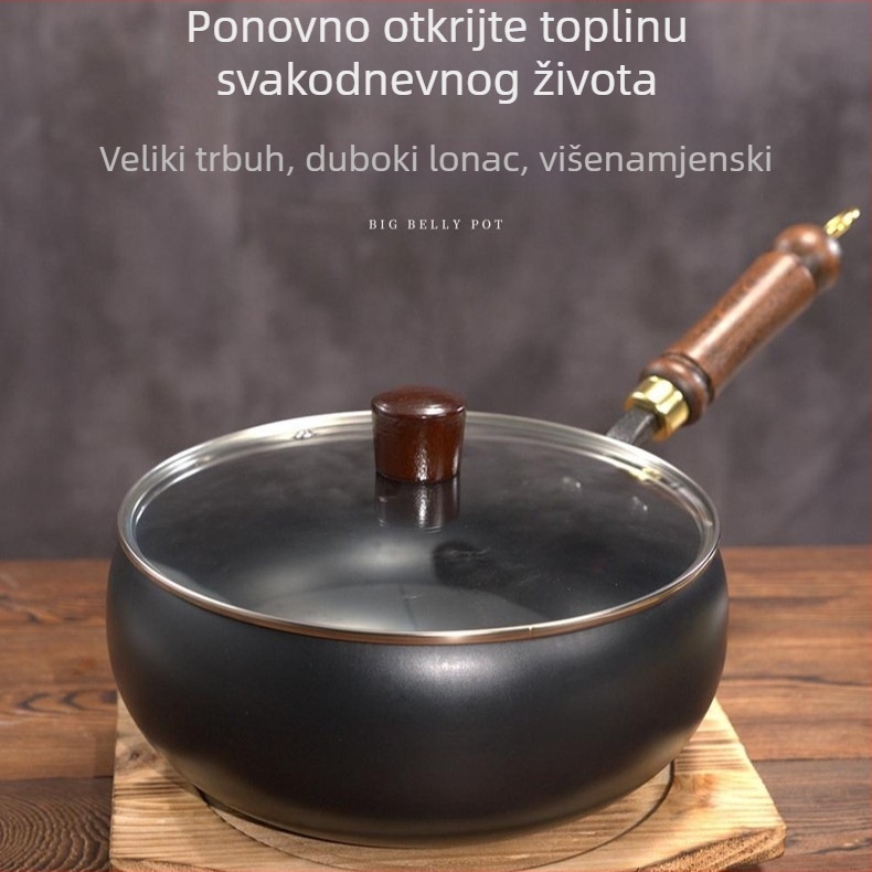 Mini željezni lonac za kućnu upotrebu, duboka tava bez premazivanja, plitko dno, staklena kapica, tradicionalni lonac s velikim trbuhom