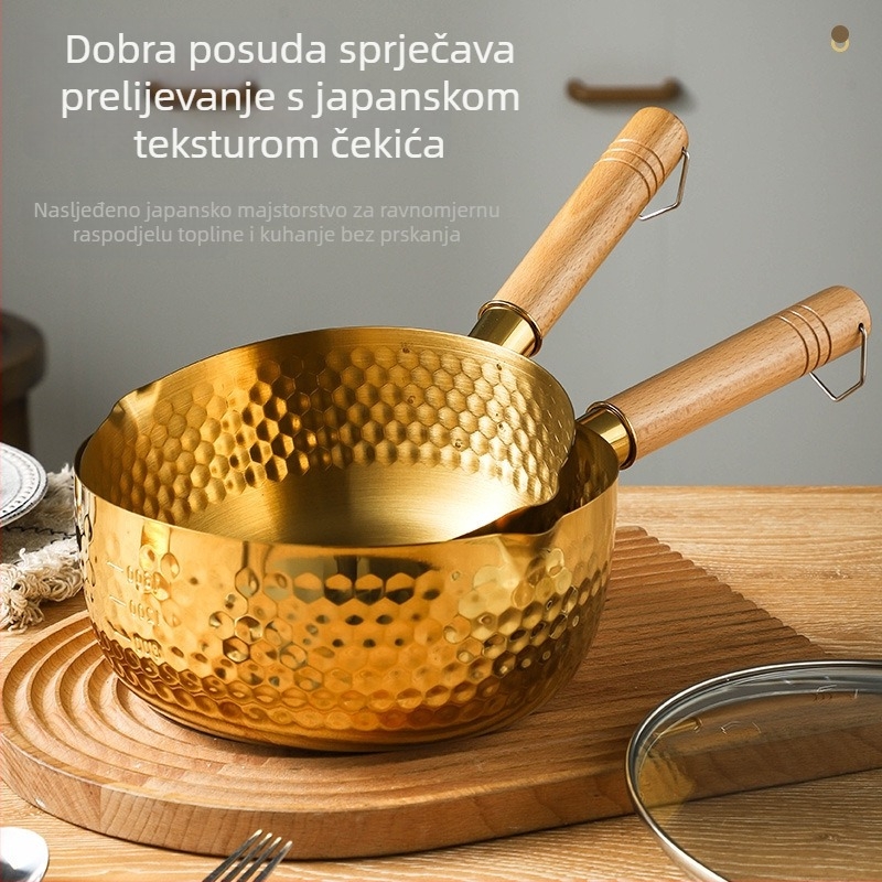 Nerđajući čelik u japanskom stilu s drvenom drškom, mali lonac za bebu s mlijekom, lonac za juhu s udubljenom teksturom