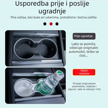Tesla Model 3 srednja konzola: podložak za čaše od TPE-a, ograničivač čaše i kutija za napitke