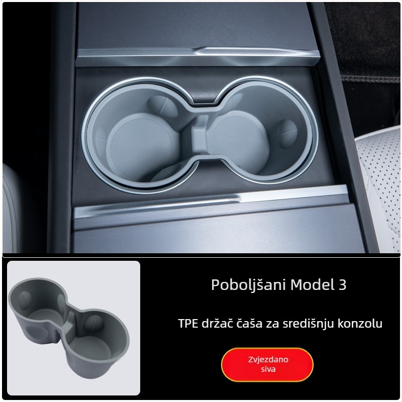 Tesla Model 3 srednja konzola: podložak za čaše od TPE-a, ograničivač čaše i kutija za napitke