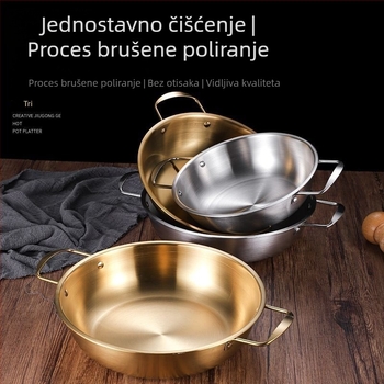 Korejski stil lonac za rezance, nehrđajući čelik, dvostruke ručke, zlatni završetak, kapacitet 1 litra, za ramen i morsku hranu