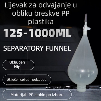 Lijevak za razdvajanje u obliku kruške, od prozirnog stakla i PP-a, s klipom i spiralnim plastičnim kapkom
