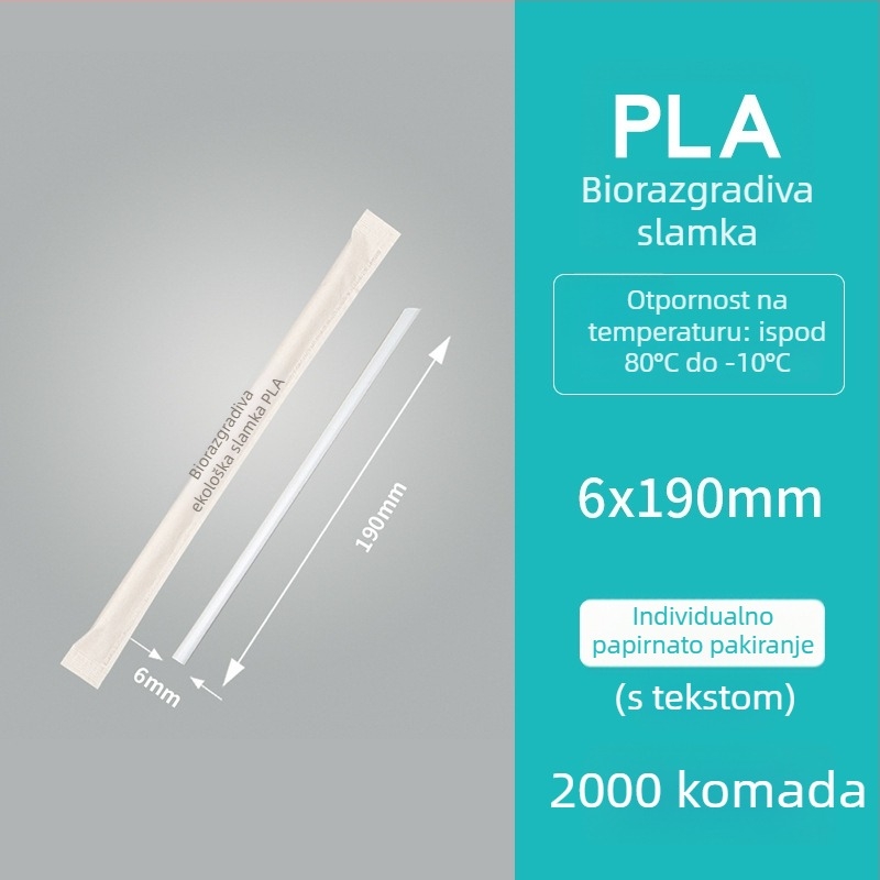 Ekološki prihvatljiva biorazgradiva slamka PLA, otporna na temperature do 80°C, jednokratna slamka za čaj s mlijekom, PLA papirnata omotnica, pojedinačno pakirana.