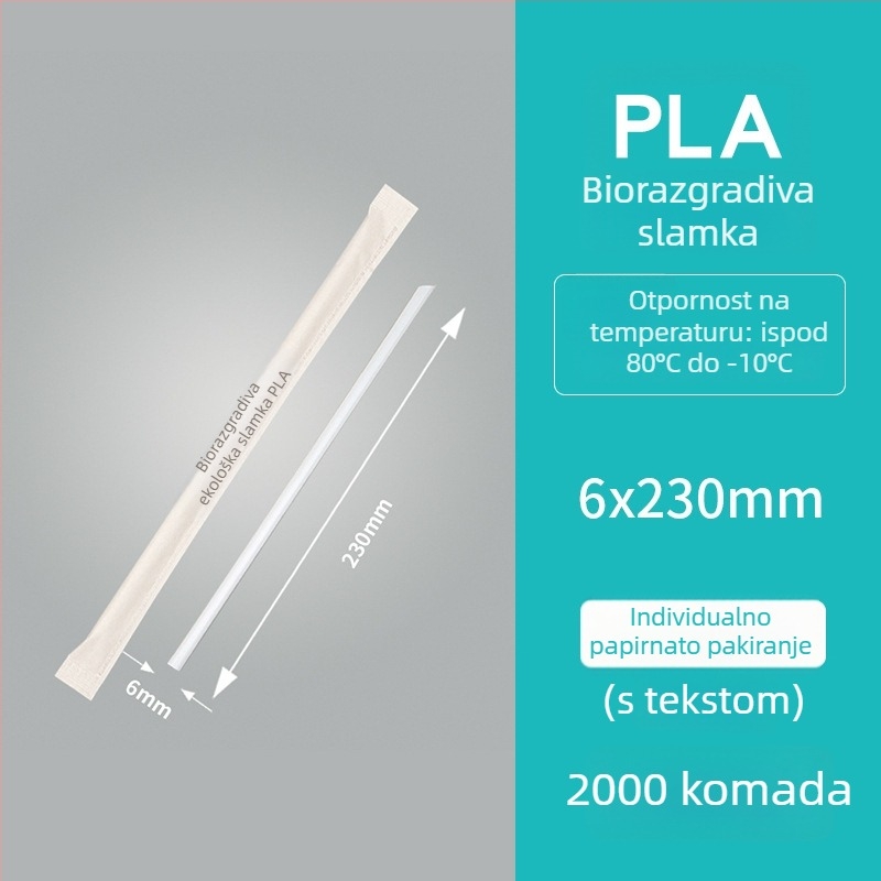 Ekološki prihvatljiva biorazgradiva slamka PLA, otporna na temperature do 80°C, jednokratna slamka za čaj s mlijekom, PLA papirnata omotnica, pojedinačno pakirana.