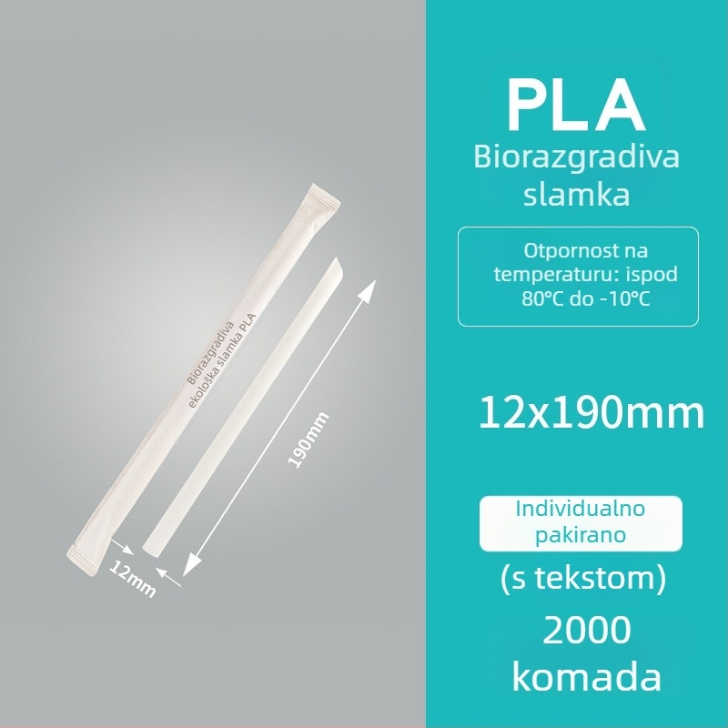 Ekološki prihvatljiva biorazgradiva slamka PLA, otporna na temperature do 80°C, jednokratna slamka za čaj s mlijekom, PLA papirnata omotnica, pojedinačno pakirana.