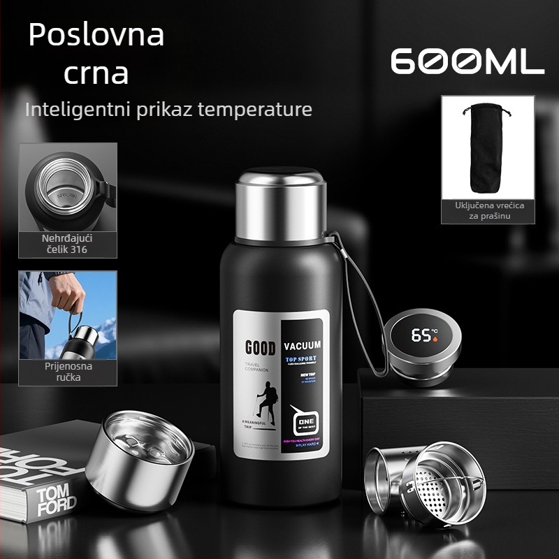 Muški termos za vanjsku upotrebu, kapacitet 1500 ml, unutarnji od 316 nerđajućeg čelika, odjeljak za čaj, vakuumska izolacija, pogodan za automobil, personalizirani dar