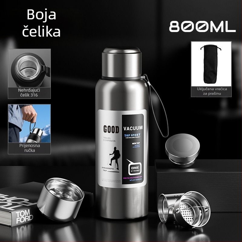 Muški termos za vanjsku upotrebu, kapacitet 1500 ml, unutarnji od 316 nerđajućeg čelika, odjeljak za čaj, vakuumska izolacija, pogodan za automobil, personalizirani dar