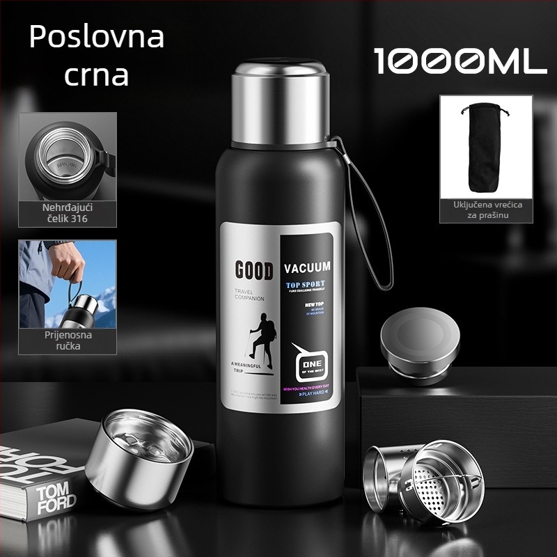 Muški termos za vanjsku upotrebu, kapacitet 1500 ml, unutarnji od 316 nerđajućeg čelika, odjeljak za čaj, vakuumska izolacija, pogodan za automobil, personalizirani dar