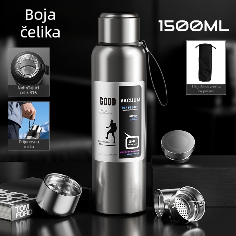 Muški termos za vanjsku upotrebu, kapacitet 1500 ml, unutarnji od 316 nerđajućeg čelika, odjeljak za čaj, vakuumska izolacija, pogodan za automobil, personalizirani dar