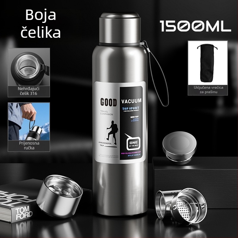Muški termos za vanjsku upotrebu, kapacitet 1500 ml, unutarnji od 316 nerđajućeg čelika, odjeljak za čaj, vakuumska izolacija, pogodan za automobil, personalizirani dar