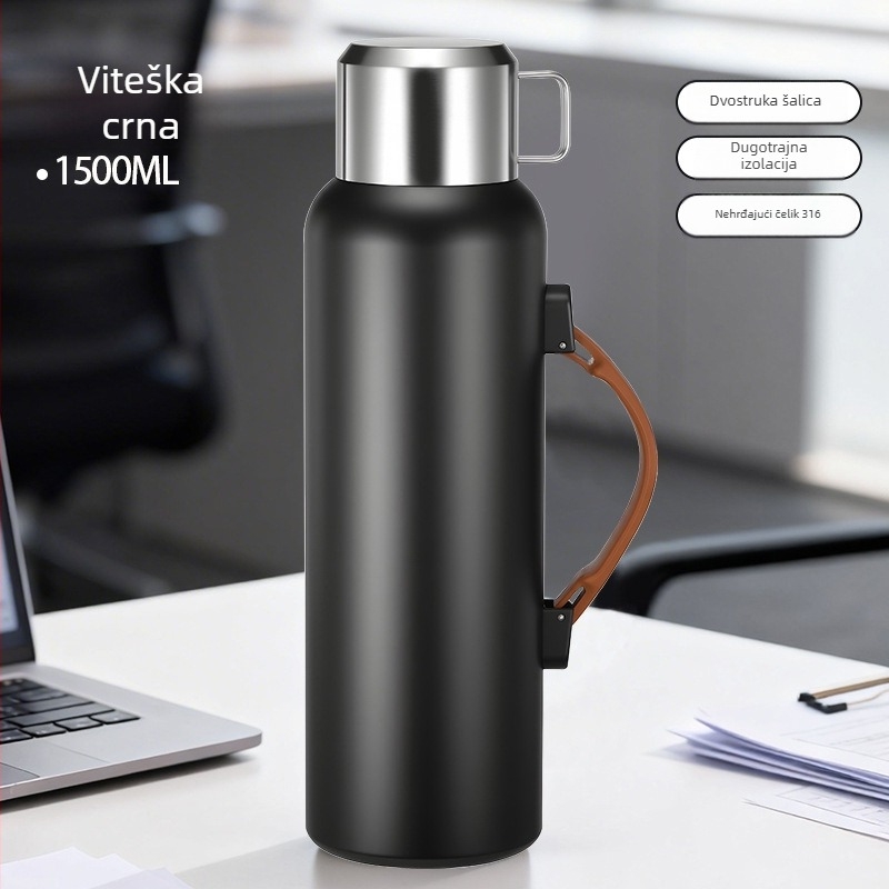Muški termos za vanjsku upotrebu, kapacitet 1500 ml, unutarnji od 316 nerđajućeg čelika, odjeljak za čaj, vakuumska izolacija, pogodan za automobil, personalizirani dar
