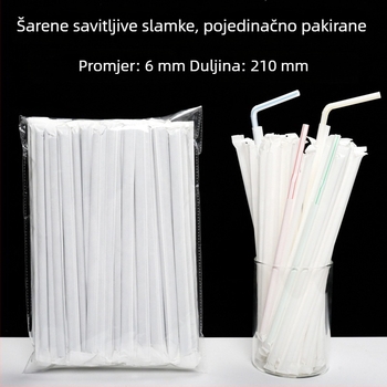 Jednokratna plastična slamka s savitljivim krajem, bijela, pojedinačno pakirana u papirnatu ambalažu, promjer 6 mm, za trudnice.