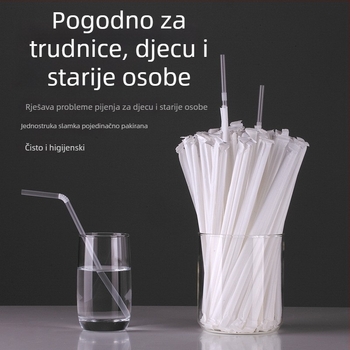 Jednokratna plastična slamka s savitljivim krajem, bijela, pojedinačno pakirana u papirnatu ambalažu, promjer 6 mm, za trudnice.