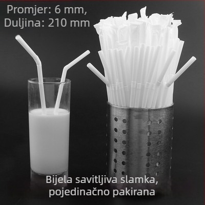 Jednokratna plastična slamka s savitljivim krajem, bijela, pojedinačno pakirana u papirnatu ambalažu, promjer 6 mm, za trudnice.
