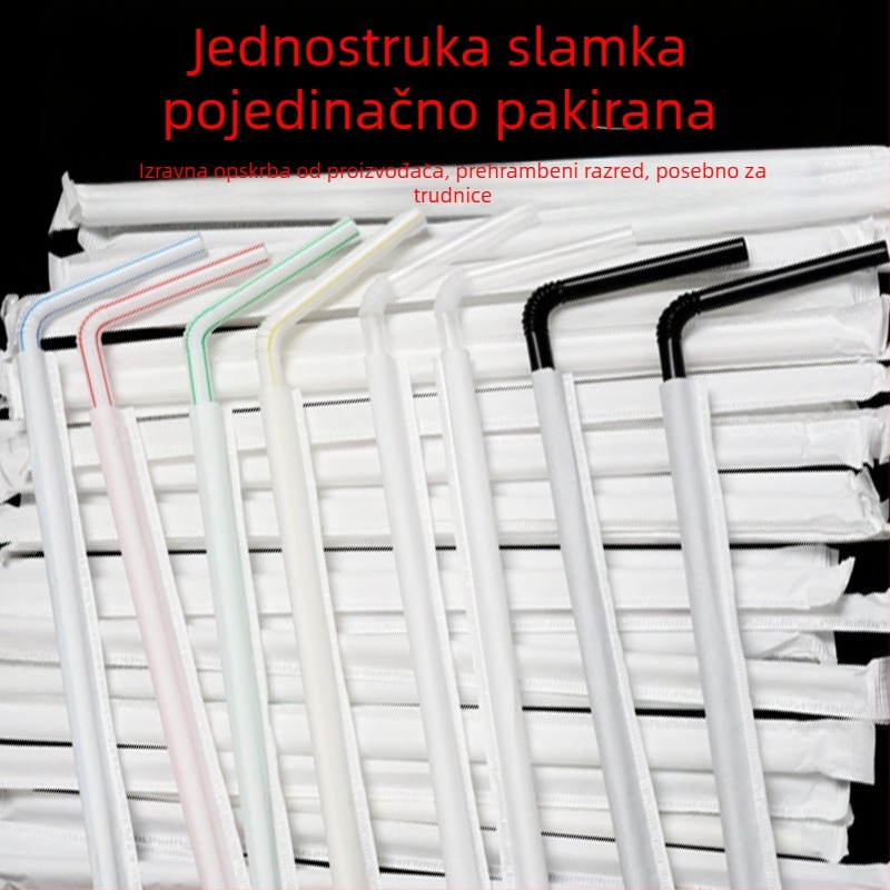 Jednokratna plastična slamka s savitljivim krajem, bijela, pojedinačno pakirana u papirnatu ambalažu, promjer 6 mm, za trudnice.