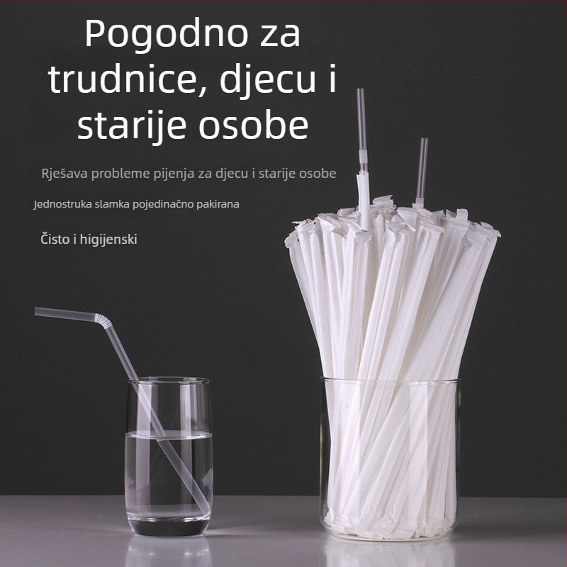 Jednokratna plastična slamka s savitljivim krajem, bijela, pojedinačno pakirana u papirnatu ambalažu, promjer 6 mm, za trudnice.