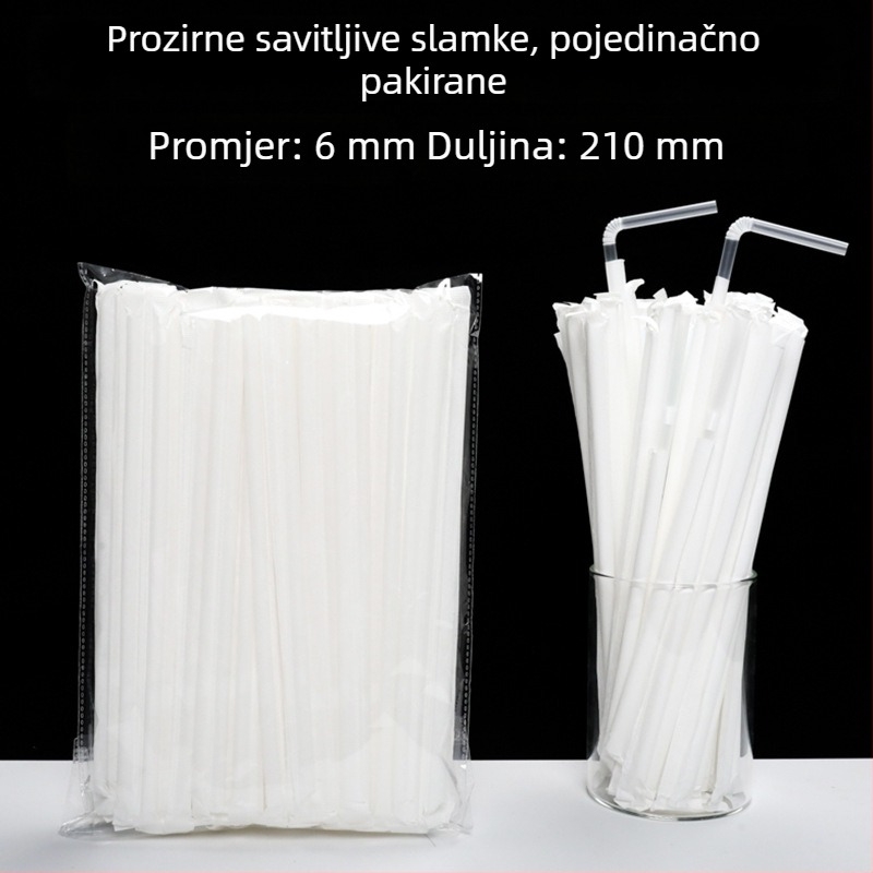 Jednokratna plastična slamka s savitljivim krajem, bijela, pojedinačno pakirana u papirnatu ambalažu, promjer 6 mm, za trudnice.