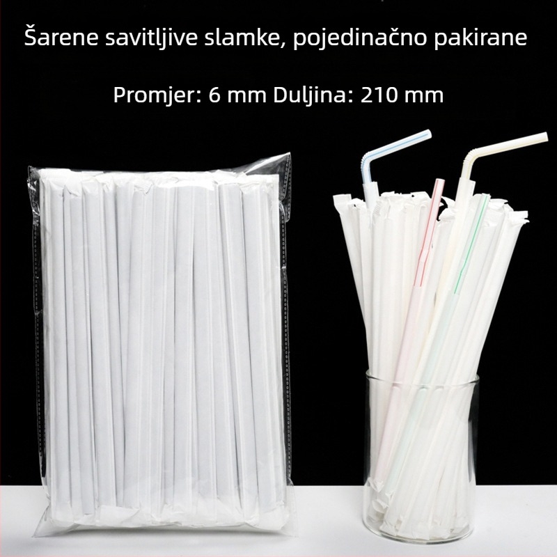 Jednokratna plastična slamka s savitljivim krajem, bijela, pojedinačno pakirana u papirnatu ambalažu, promjer 6 mm, za trudnice.