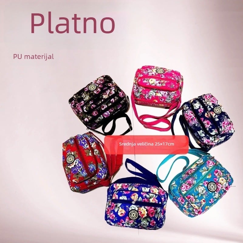 Ženska platnena torba s ružnim cvjetnim uzorom, 5 džepova, crossbody torba