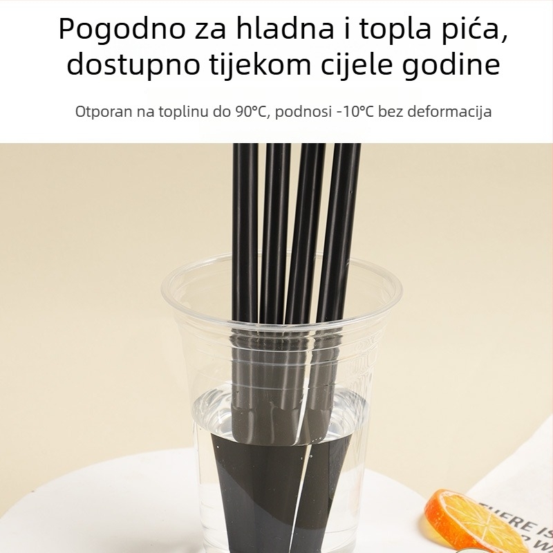 Jednokratna crna slamka, prehrambene kvalitete, za komercijalnu upotrebu; za čaj s mlijekom, kavu i sokove; pojedinačno pakirana; pogodna za topla i hladna pića.