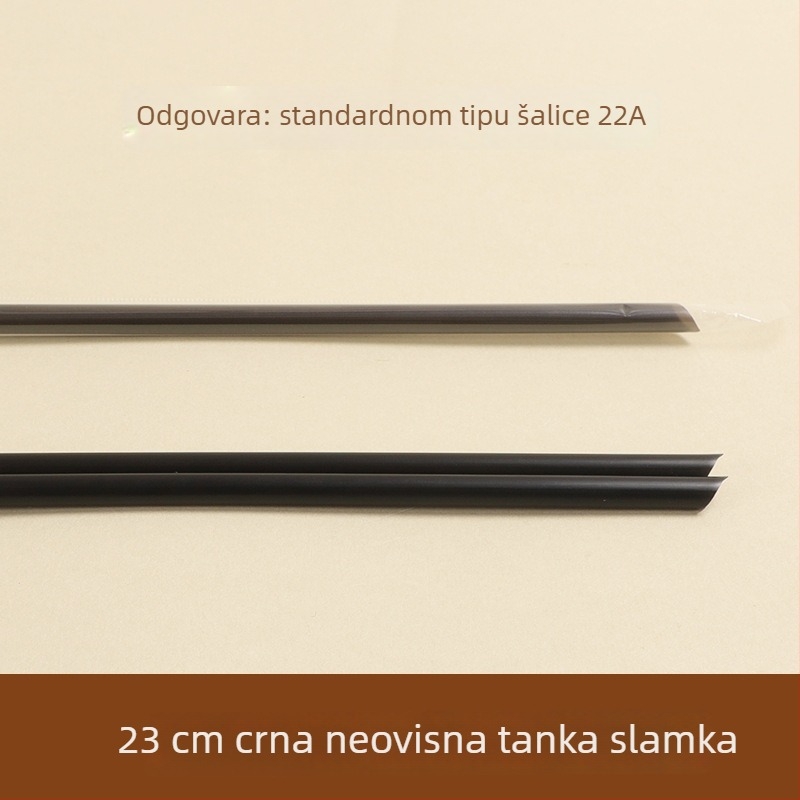 Jednokratna crna slamka, prehrambene kvalitete, za komercijalnu upotrebu; za čaj s mlijekom, kavu i sokove; pojedinačno pakirana; pogodna za topla i hladna pića.