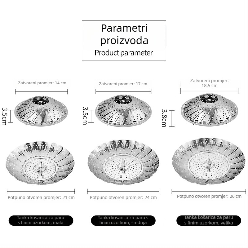 Nerđajući čelik, sklopiva teleskopska rešetka za paru, za kuhanje jaja i knedli, višenamjenski poslužavnik za paru