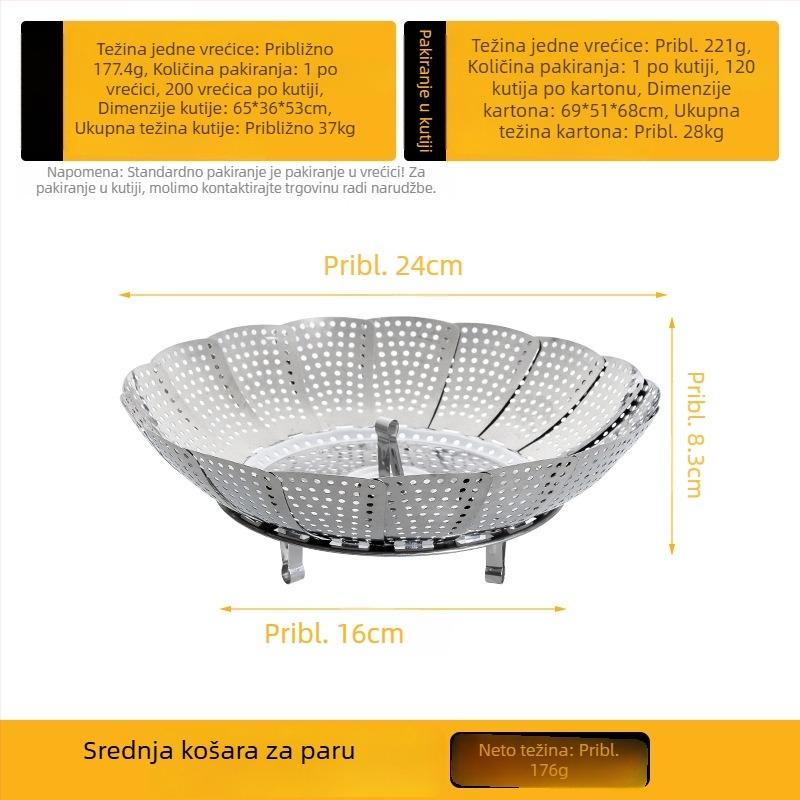 Nerđajući čelik, sklopiva teleskopska rešetka za paru, za kuhanje jaja i knedli, višenamjenski poslužavnik za paru