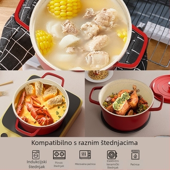 Emajlirana posuda s dvije ručke za juhe i gulaše, aluminijska legura, porculanski poklopac, ne lijepljiva površina, dno s dvostrukim slojem, zapremina 2,1–4 L