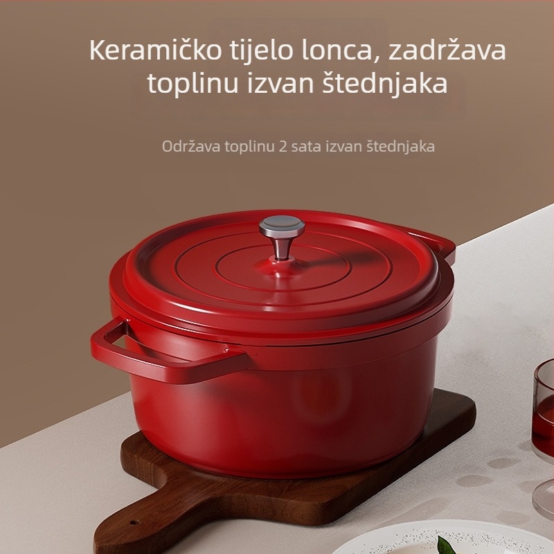 Emajlirana posuda s dvije ručke za juhe i gulaše, aluminijska legura, porculanski poklopac, ne lijepljiva površina, dno s dvostrukim slojem, zapremina 2,1–4 L