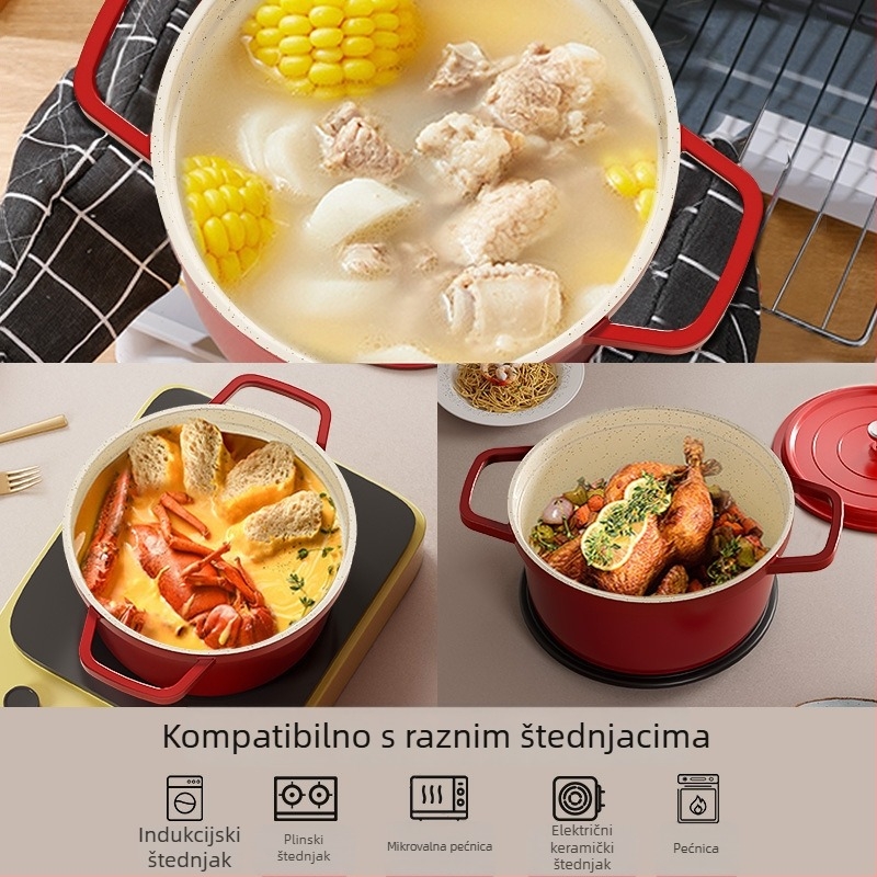 Emajlirana posuda s dvije ručke za juhe i gulaše, aluminijska legura, porculanski poklopac, ne lijepljiva površina, dno s dvostrukim slojem, zapremina 2,1–4 L