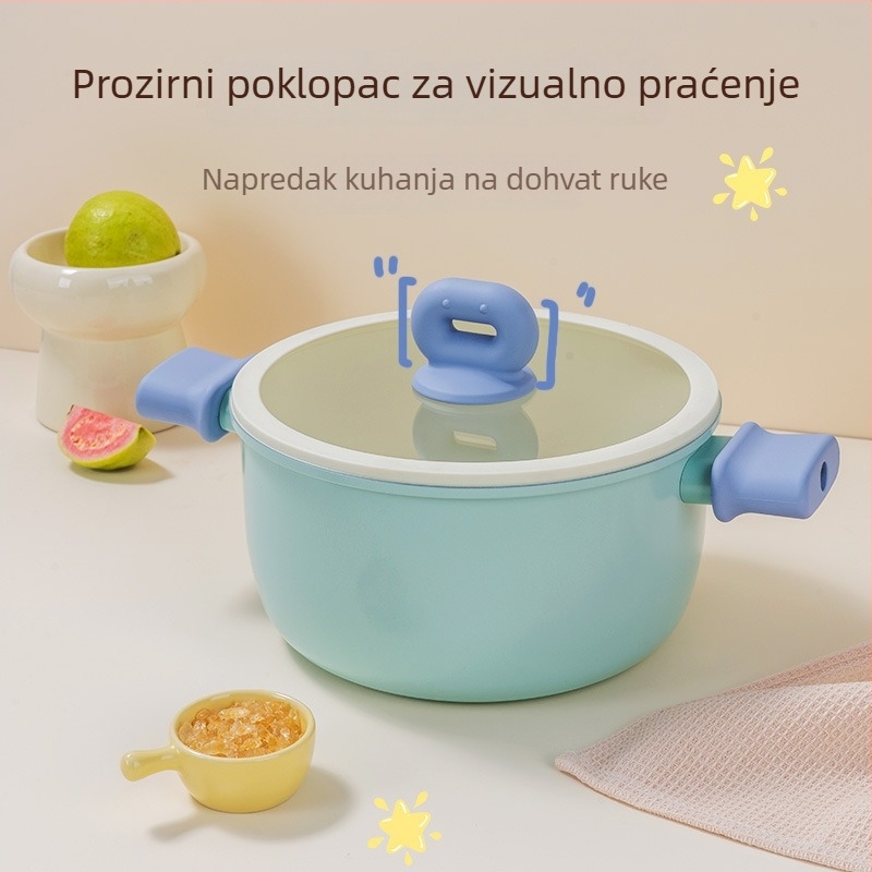 Blue Bean lonac za juhu i mlijeko s dvije ručke, premaz otporan na ljepilo, dno od lijevanog željeza, pogodan za sve štednjake, s staklenim poklopcem i parnim košem