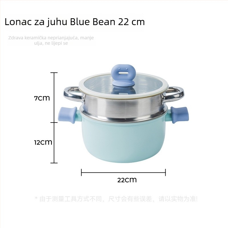 Blue Bean lonac za juhu i mlijeko s dvije ručke, premaz otporan na ljepilo, dno od lijevanog željeza, pogodan za sve štednjake, s staklenim poklopcem i parnim košem