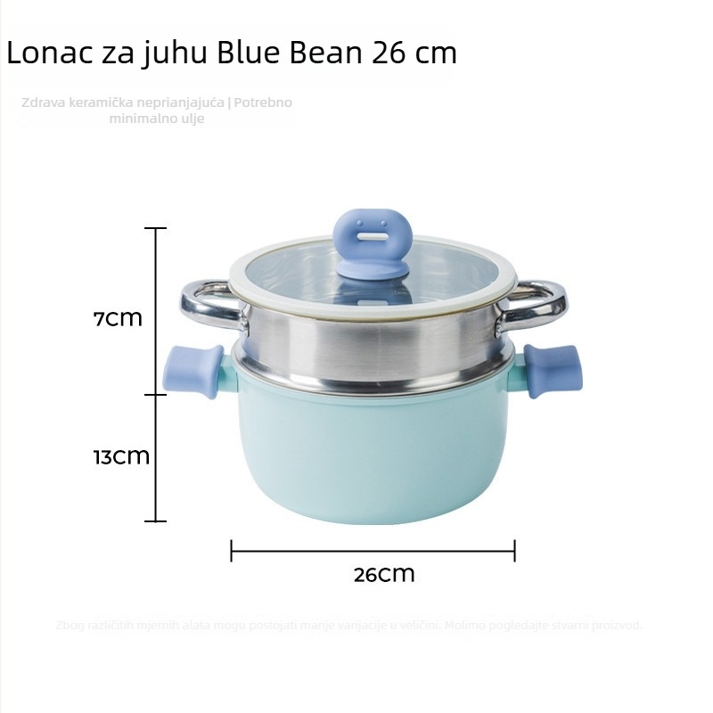 Blue Bean lonac za juhu i mlijeko s dvije ručke, premaz otporan na ljepilo, dno od lijevanog željeza, pogodan za sve štednjake, s staklenim poklopcem i parnim košem