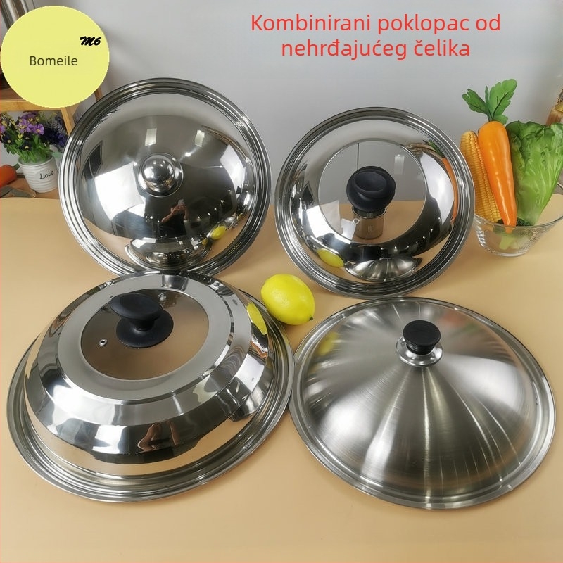Poklop od nehrđajućeg čelika s kaljenim staklom, proziran kombinirani poklopac za kuhinju, za veliki wok i lonac, 36 cm i 34 cm