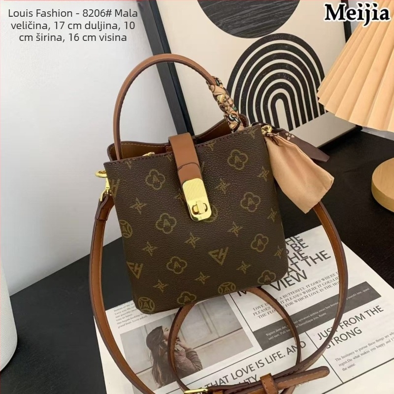 PVC bucket torba, mala, crossbody, s monogramom i šalom color-block dizajnom, gradski minimalistički stil, proljeće 2026