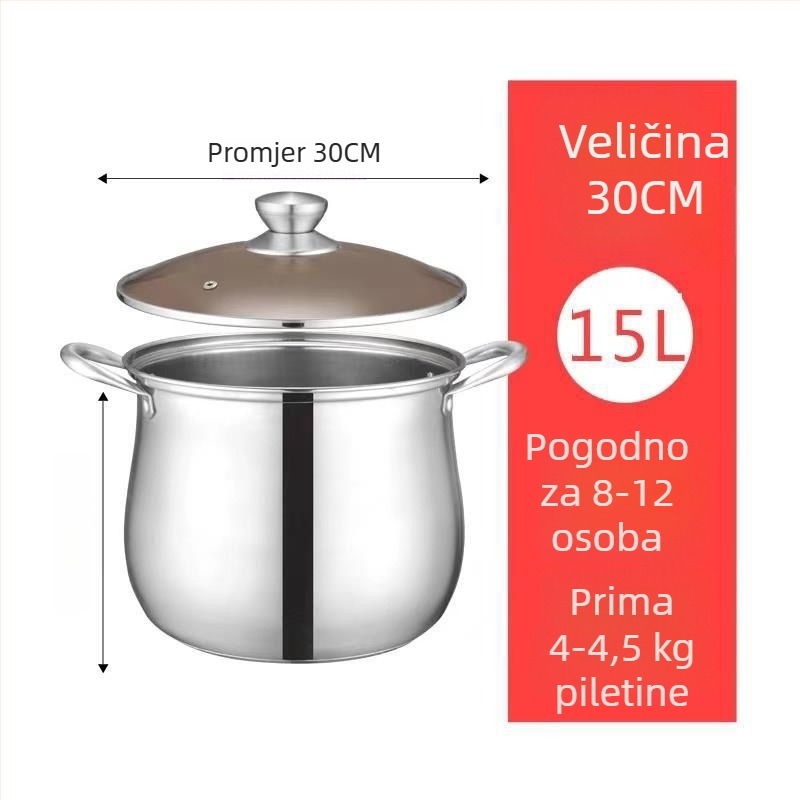 Lonac za juhu od nehrđajućeg čelika, prehrambene klase, izuzetno debelo dno, velika kapaciteta, dvostruka namjena za kuhanje i kuhanje na pari