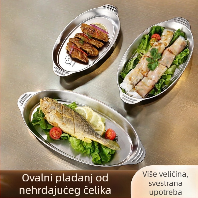 Ovalni tanjur od 304 nehrđajućeg čelika s dvije ručke, dubok i višenamjenski za kuhanje na pari ribe, roštilj i dim sum