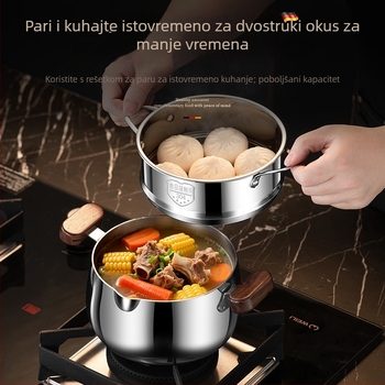 Lonac za juhu od 304 nehrđajućeg čelika, trostruki sloj, ručke od orahovog drveta, dvostruko uho, kuhinjski parni lonac, bez premaza, za dječju hranu.
