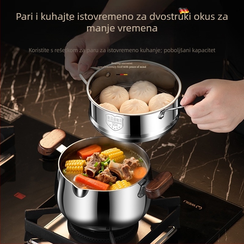 Lonac za juhu od 304 nehrđajućeg čelika, trostruki sloj, ručke od orahovog drveta, dvostruko uho, kuhinjski parni lonac, bez premaza, za dječju hranu.