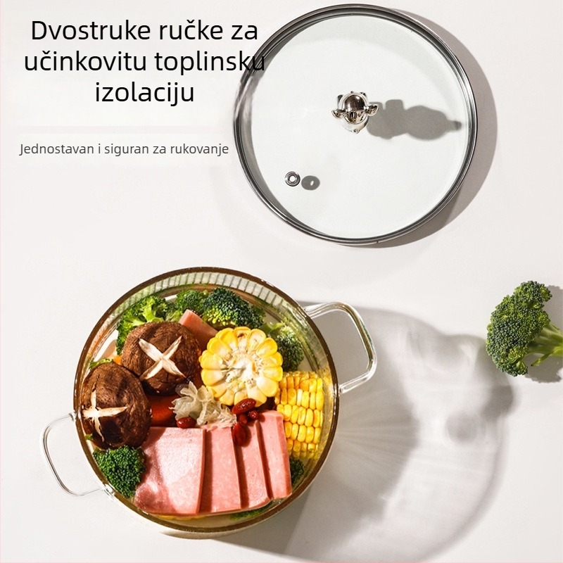 Lonac za juhu od borosilikatnog stakla s dvjema ručkama, proziran, 1,1–2 L, otporan na visoke temperature, za plinski štednjak, pogodan za rezance, juhe i mliječne umake