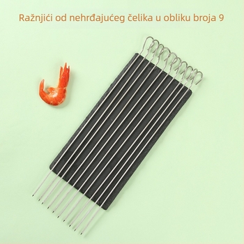 Debeli inox ražnjići za roštilj u obliku devetke, kružnog presjeka, s kukom za vješanje i vrhom u obliku gusjeg repa