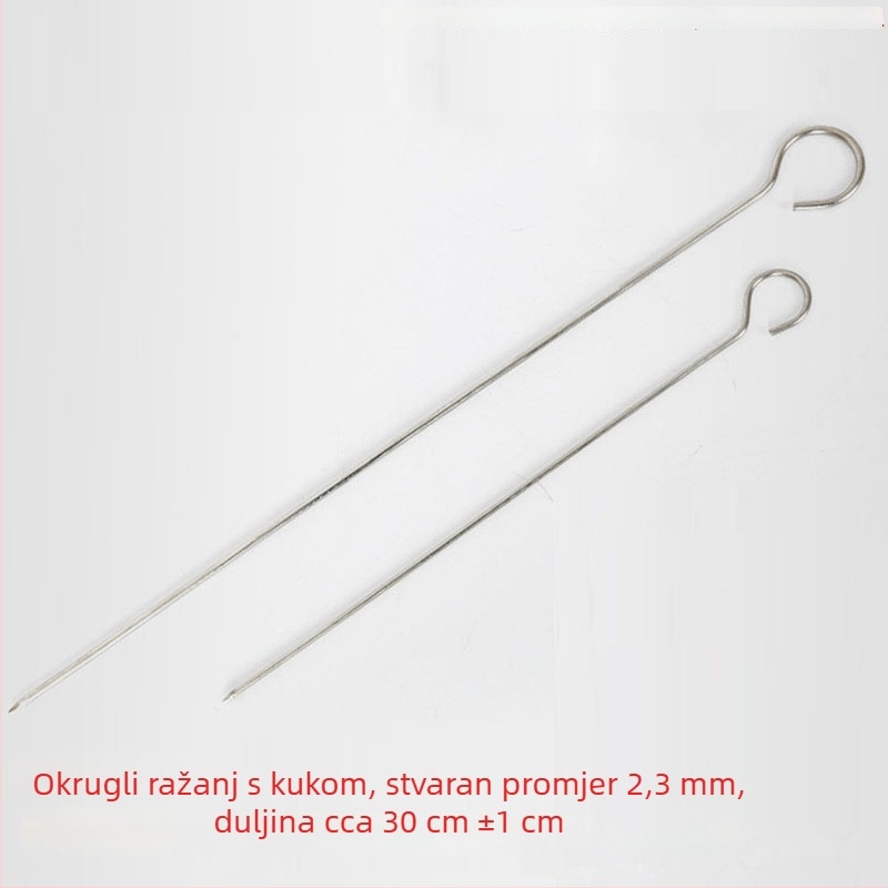 Debeli inox ražnjići za roštilj u obliku devetke, kružnog presjeka, s kukom za vješanje i vrhom u obliku gusjeg repa