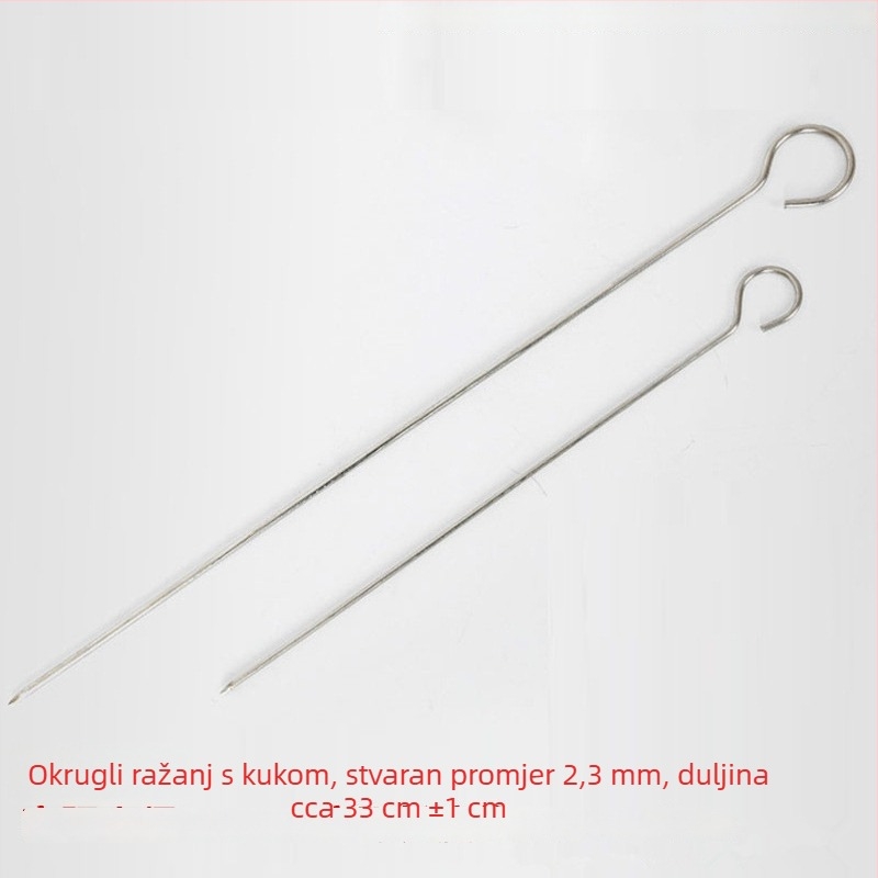 Debeli inox ražnjići za roštilj u obliku devetke, kružnog presjeka, s kukom za vješanje i vrhom u obliku gusjeg repa