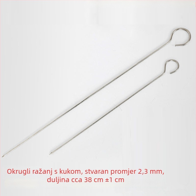 Debeli inox ražnjići za roštilj u obliku devetke, kružnog presjeka, s kukom za vješanje i vrhom u obliku gusjeg repa