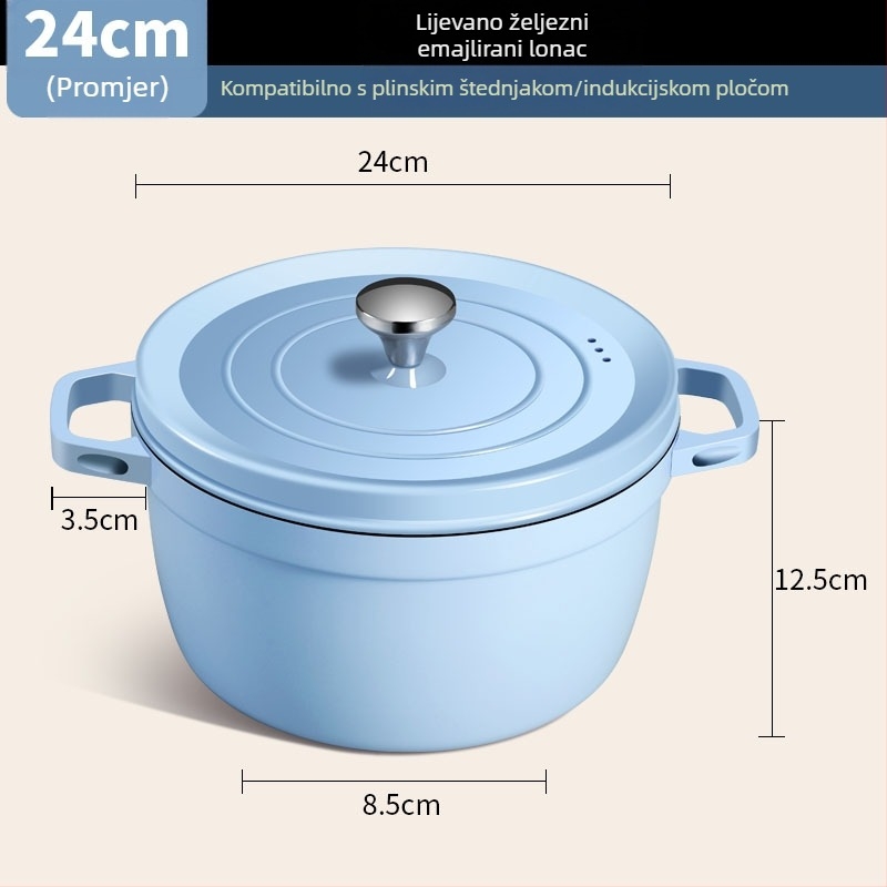 Crveni emajlirani lonac za juhu s dvostrukim držašicama, non-stick, debeli keramički lonac za gulaš, kompatibilan s indukcijom i plinom.